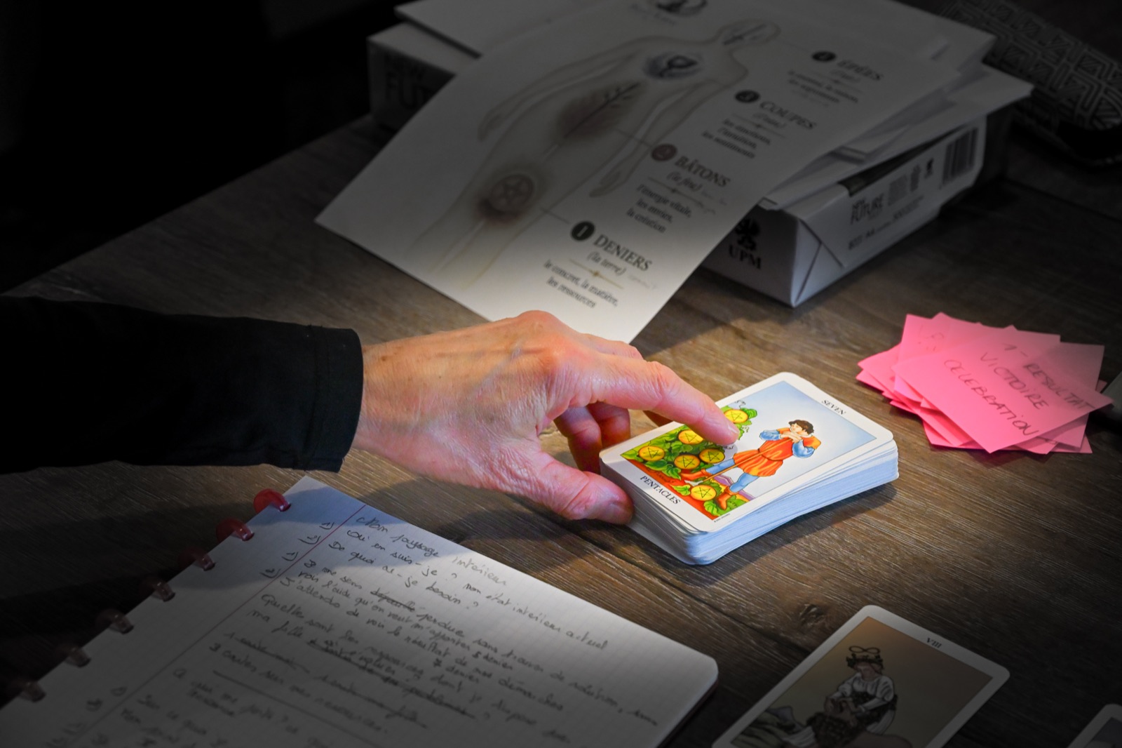 Une participante explore une carte de tarot pendant l’atelier